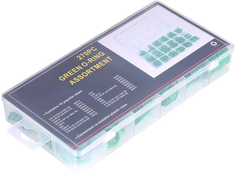 Cuque 18 Sizes 270Pcs O-ring Box O-Ring Tools Set Assortment Car Auto Vehicle Repair Car Air Conditioning Rubber O-Ring Tools HNBR Seals Assortment Kit Green