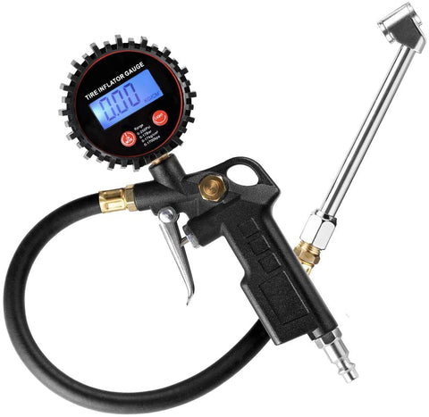 CZC AUTO Digital Tire Inflator Pressure Gauge, LED Display Tyre Deflator Gage with Dual Head Chuck Rubber Hose MNPT Fitting, Compatible with Air Pump Compressor for Truck Bus RV Car Motorcycle Bike