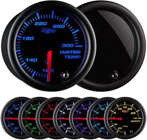 GlowShift Tinted 7 Color 300 F Water Coolant Temperature Gauge Kit - Includes Electronic Sensor - Black Dial - Smoked Lens - For Car & Truck - 2-1/16