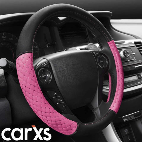 CarXS Diamond Quilt Steering Wheel Cover, Pink – Breathable Anti-Slip Protector with Bling Bling Sequin for Women, Universal Fit for Standard Wheel Sizes 14.5 15 15.5 inches