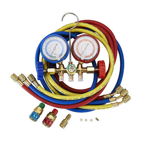 Tek Motion 5FT AC Diagnostic Manifold Freon Gauge Set for R134A R12, R22, R502 Refrigerants, with Couplers and ACME Adapter