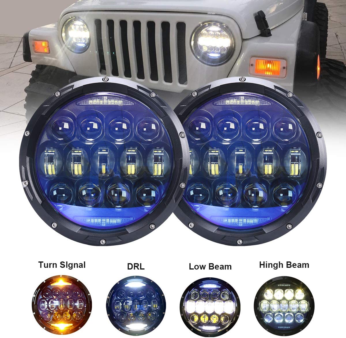 130W Exclusive Blue Projector Lens Brightest 7 inch LED Headlights Amber Turn Signal/DRL Bulbs Kit for Jeep Wrangler JK LJ JKU TJ CJ Sahara Rubicon Freedom Dragon Edition Unlimited Headlamps