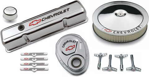 Proform 141-900 Chrome Engine Dress-Up Kit with Black Chevrolet/Red Bowtie Logo for Small Block Chevy