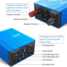 VOLTCUBE 400W Power Inverter 12V DC to 110V AC Converter with 4.8A Dual USB Car Adapter with 2 Independent AC outlets (Blue)