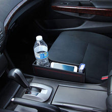 iJDMTOY (1) Black Leather Console Side Pocket Organizer, Car Seat Catcher w/Cup Holder Compatible With Drinks, Key, Wallet, Phone, Sunglasses, etc