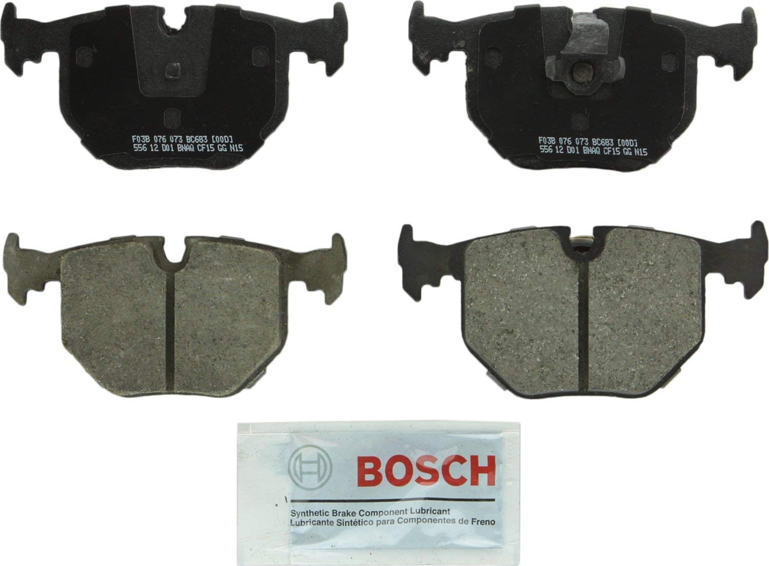 Bosch BC683 QuietCast Premium Ceramic Disc Brake Pad Set For Select BMW 330Ci, 330i, 330xi, 525i, 525xi, 740i, 740iL, 750iL, M3, M5, X3, X5, Z4, Z8; Land Rover Range Rover; Rear