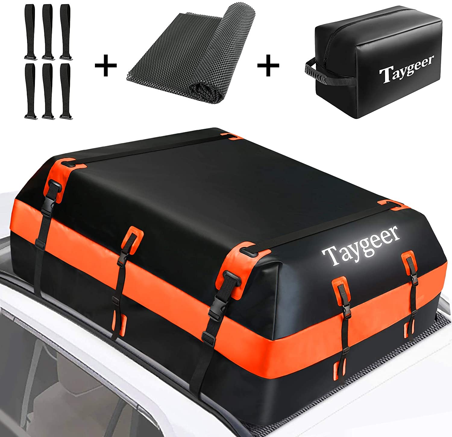 Taygeer Rooftop Cargo Carrier, 21 Cubic Feet Soft-Shell Waterproof Roof Top Luggage Carrier Roofbag for All Cars (Side Rails/Cross Bars/No Rack) with Storage Bag and Protective Mat (Orange)