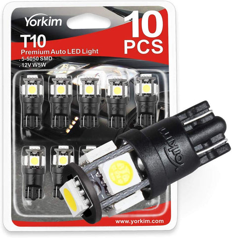 Yorkim T10 194 LED Bulbs 6500K Non Polarity 6th Generation for Car Interior Lights, LED Plate Light, Turn Signal Lights and Corner Lights – W5W 168 2825 T10 194 Wedge LED Bulb, Pack of 10 - White