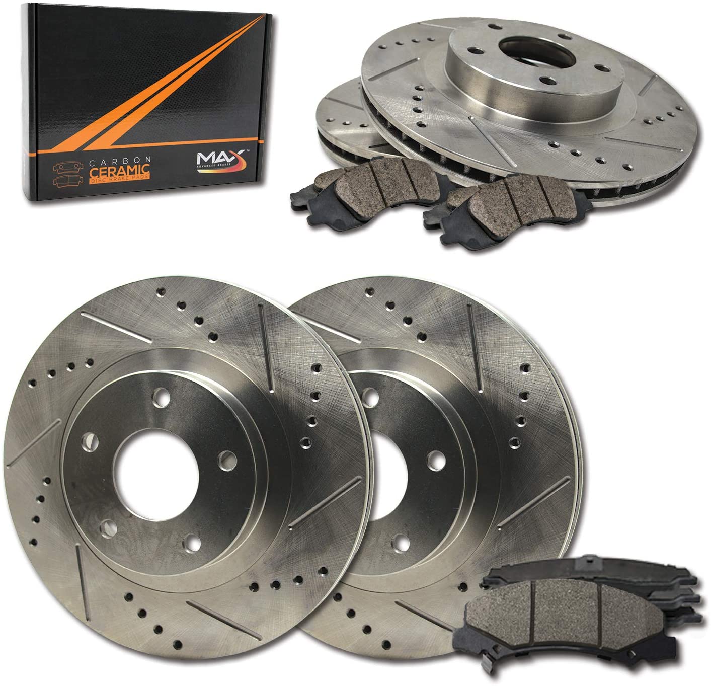 Max Brakes Front & Rear Performance Brake Kit [ Premium Slotted Drilled Rotors + Ceramic Pads ] KT005833 | Fits: 1999 99 2000 00 2001 01 2002 02 2003 03 Acura TL; Incl. Type S Models