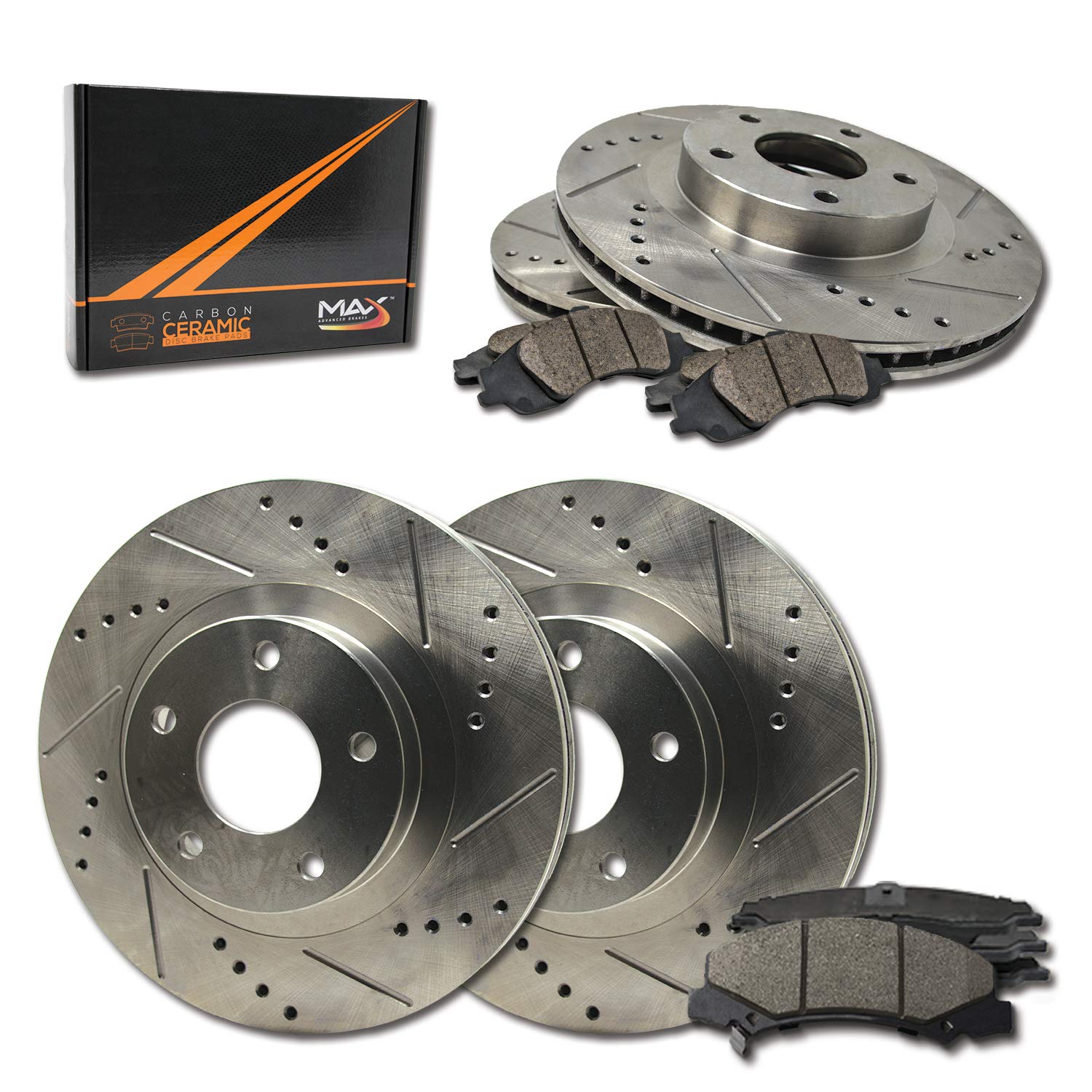 Max Brakes Front & Rear Performance Brake Kit [ Premium Slotted Drilled Rotors + Ceramic Pads ] KT007433 Fits: 2002-2003 Infiniti I35 | Nissan Maxima