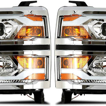 ROADFAR Headlight Assembly Chrome/Clear Head Light Lamps Driver and Passenger Replacement fit for 2014-2015 Chevy Silverado Projector With Led Drl