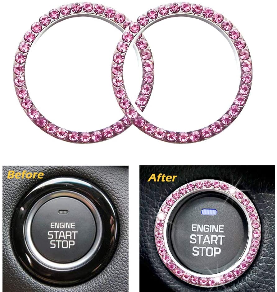 Earthland 2Pcs Crystal Rhinestone Ring for Car Decor, Auto Engine Start Stop Decoration Crystal Interior Ring Decal for Vehicle Ignition Button-Silvery