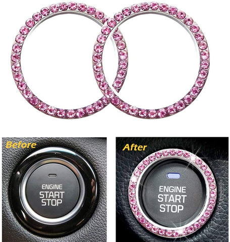 Earthland 2Pcs Crystal Rhinestone Ring for Car Decor, Auto Engine Start Stop Decoration Crystal Interior Ring Decal for Vehicle Ignition Button-Silvery