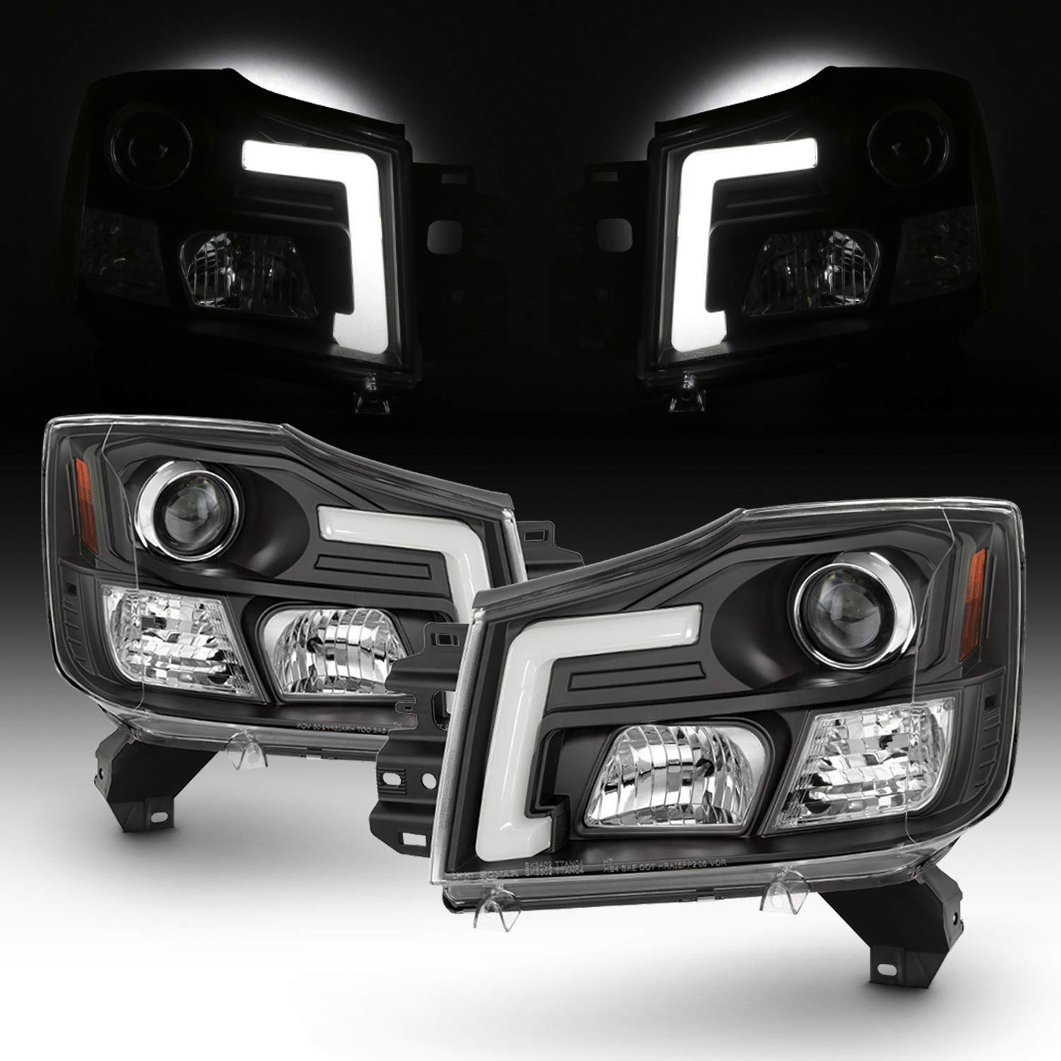 Fits 2004-2015 Titan / 04-07 Armada [C-Tube Style] LED Projector Black Headlights Left+Right Pair Set