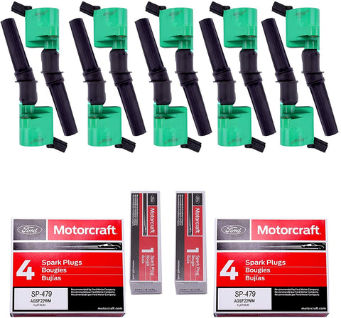 MAS Ignition Coil DG508 and Motorcraft Spark Plug SP479 Compatible with Ford 4.6L 5.4L V8 DG457 DG472 DG491 CROWN VICTORIA EXPEDITION F-150 F-250 MUSTANG LINCOLN MERCURY EXPLORER (Set of 10 GREEN)