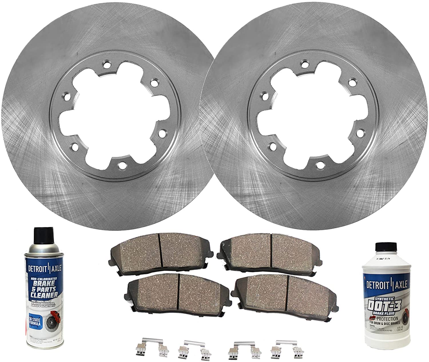 Detroit Axle - Pair (2) Front Disc Brake Kit Rotors w/Ceramic Pads w/Hardware & Brake Kit Cleaner & Fluid for 1998 1999 2000 2001 2002 2003 Infiniti QX4 - [98-04 Nissan Pathfinder]