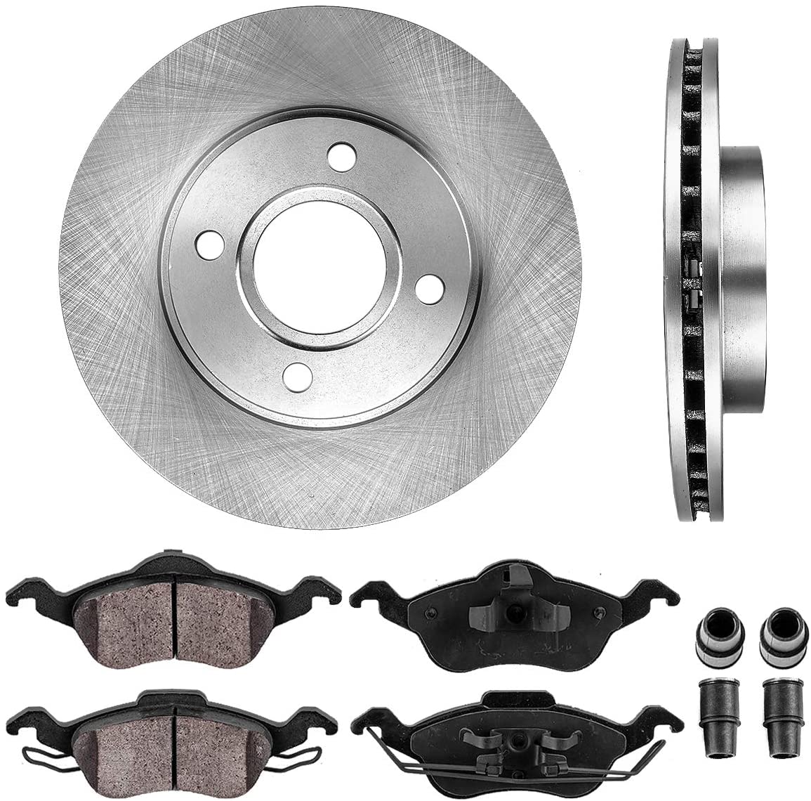 CRK13220 FRONT 258 mm Premium OE 4 Lug [2] Brake Disc Rotors + [4] Ceramic Brake Pads + Clips [fit 2000-2004 Ford Focus]