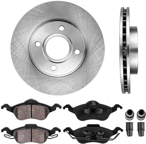 CRK13220 FRONT 258 mm Premium OE 4 Lug [2] Brake Disc Rotors + [4] Ceramic Brake Pads + Clips [fit 2000-2004 Ford Focus]