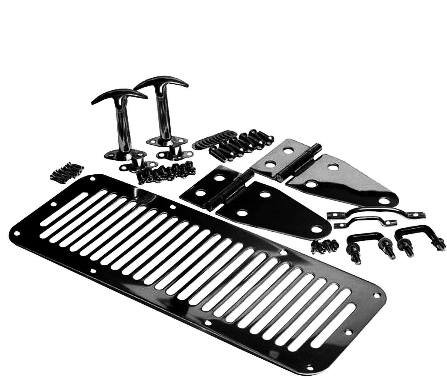 RAMPAGE PRODUCTS 7699 Black Complete Hood Kit (Hood Stops, Hinges, Vent, Footman Loop & Windshield Tie Downs) for 1978-1995 Jeep CJ & Wrangler YJ