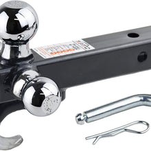 TOPTOW 64180HP Trailer Receiver Hitch Triple Ball Mount with Hook, Fits for 2 inch Trailer Hitch Receiver, Chrome Balls, Chrome Hook, 2" Shank, with 5/8 inch Hitch Pin