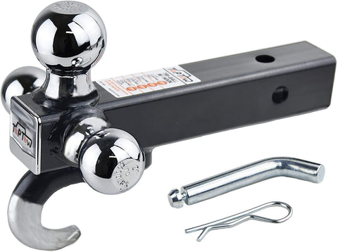 TOPTOW 64180HP Trailer Receiver Hitch Triple Ball Mount with Hook, Fits for 2 inch Trailer Hitch Receiver, Chrome Balls, Chrome Hook, 2
