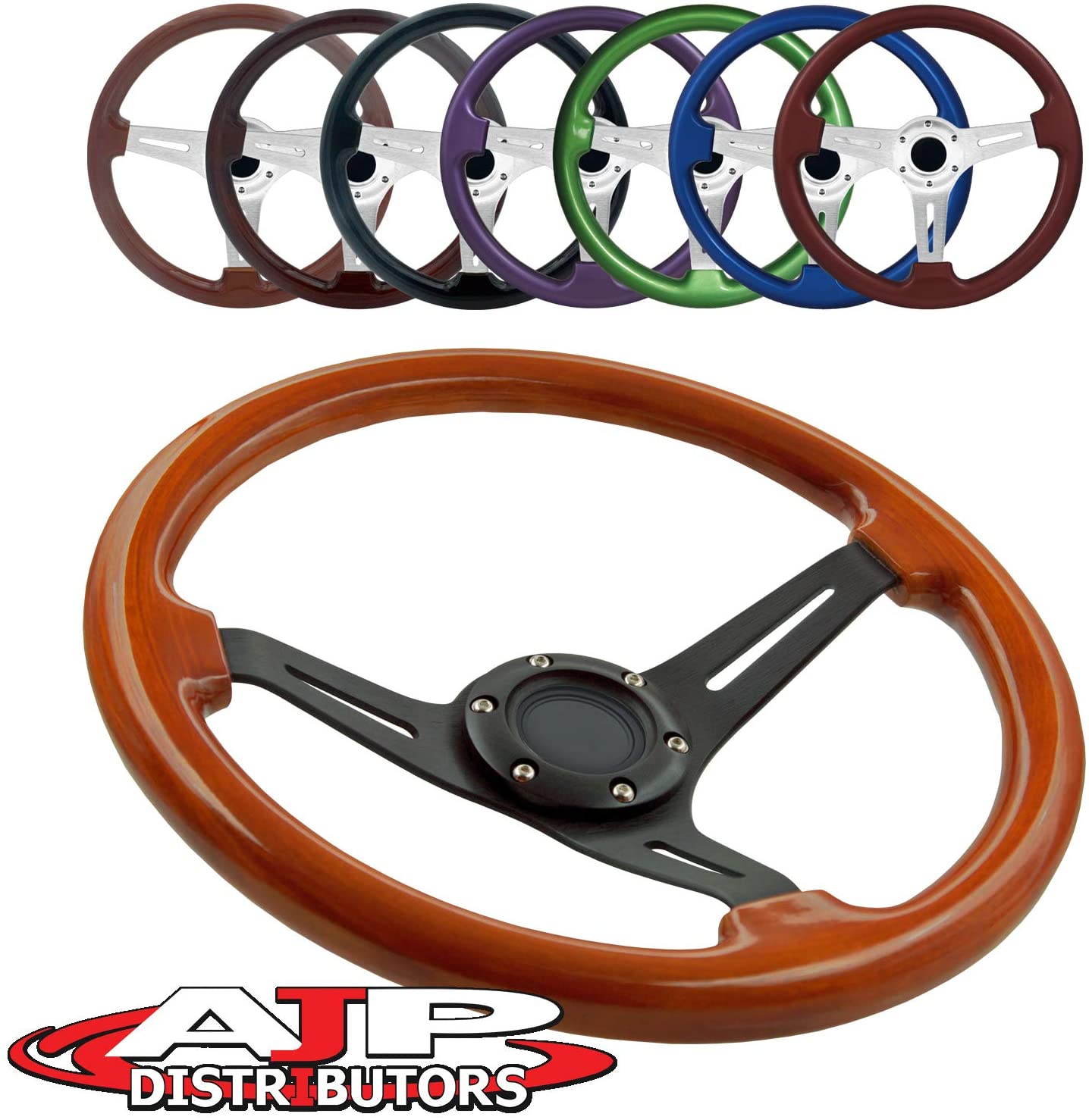 AJP Distributor Universal 345mm 6 Bolt Hole Deep Dish Streak Aluminum Wood Grain Trim Steering Wheel Blank Horn Button JDM Euro VIP Racing Track Drift Drag (Light Wood Trim Black Center)