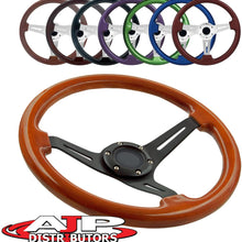 AJP Distributor Universal 345mm 6 Bolt Hole Deep Dish Streak Aluminum Wood Grain Trim Steering Wheel Blank Horn Button JDM Euro VIP Racing Track Drift Drag (Light Wood Trim Black Center)