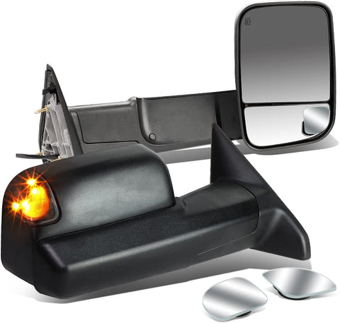 Replacement for Dodge RAM Black Heated Power Smoked Signal Foldable Towing Side+Circle Blind Spot Mirror