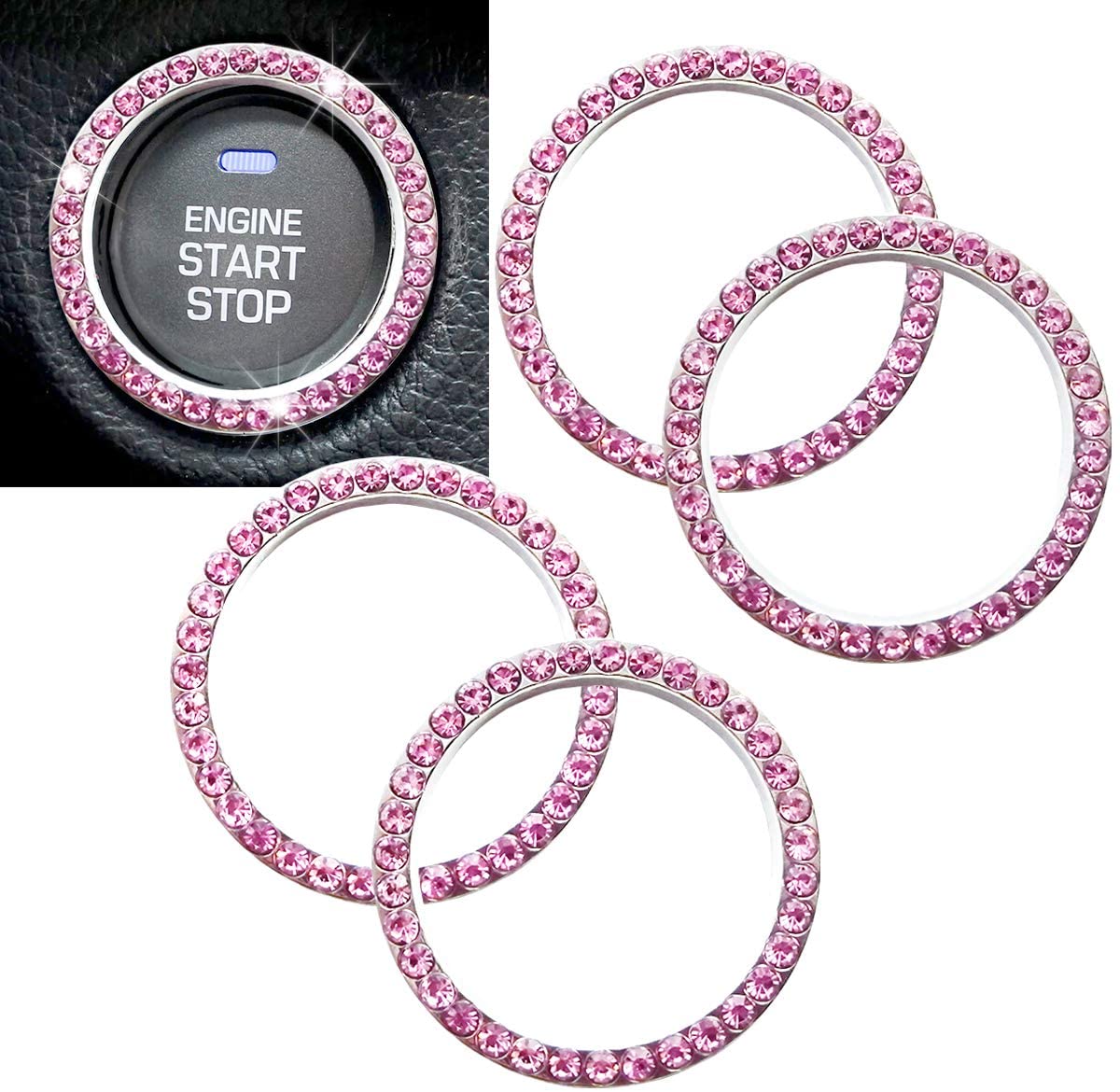 Anourney 4Pcs Pink Bling Car Decor Ignition Button Ring,Bling Car Accessories,Emblem Sticker 35 Pcs Crystal Sparkling Rhinestones for Engine Ignition Button, AC Control Knobs, Volume and Tune Knobs,