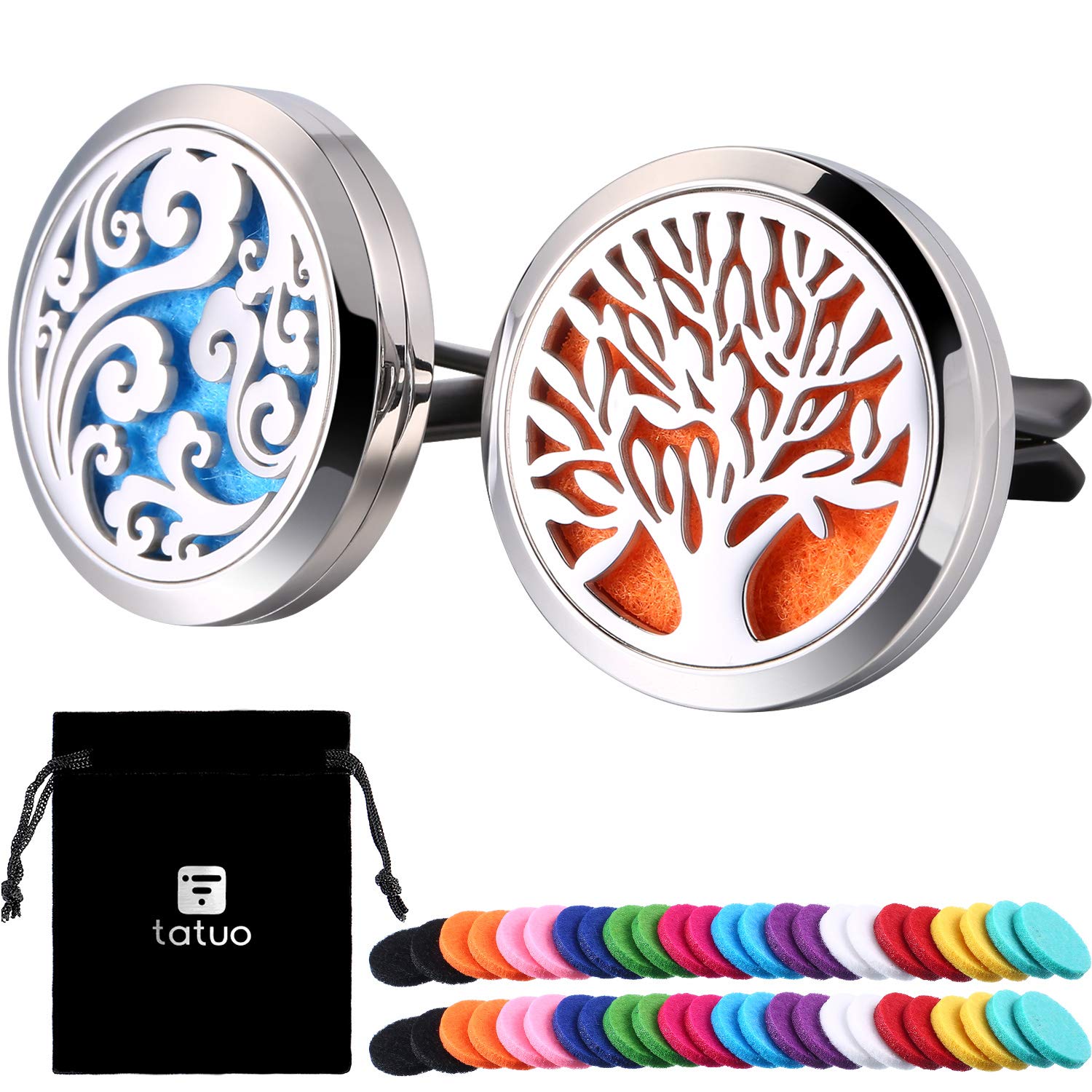 Tatuo 2 Pieces 316L Stainless Steel Car Aromatherapy Essential Oil Diffuser Air Freshener Vent Clip Locket with 48 Pieces Replacement Felt Pad (Cloud, Tree Patterns-Silvery)