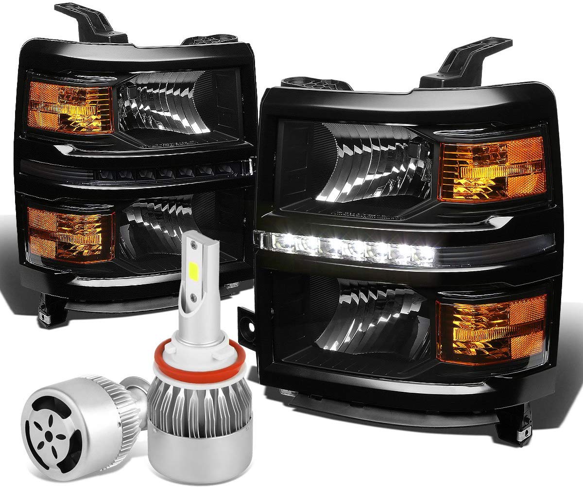 For Chevy Silverado Pair of GMT K2XX Black Housing LED Headlight W/Amber Signal + H8 LED Conversion Kit W/Fan