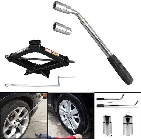 DICN Universal Extendable Lug Wrench (17/19/21/23MM) + 2 Ton Scissor Jack Hand Screw Spare Tire Repair Tool Kit for Cars Vans Trucks Trailers