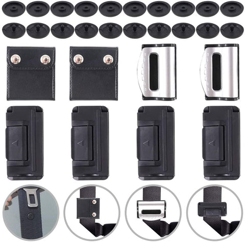 Glarks 18Pcs Seat Belt Adjuster Set, 1 Pair Positioner Locking Clip + 2 Pair Black Seatbelt Clip + 1 Pair Silver Seat Belt Adjuster + 10 Pair Seat Belt Stop Button for Universal Vehicle Car Seat Use