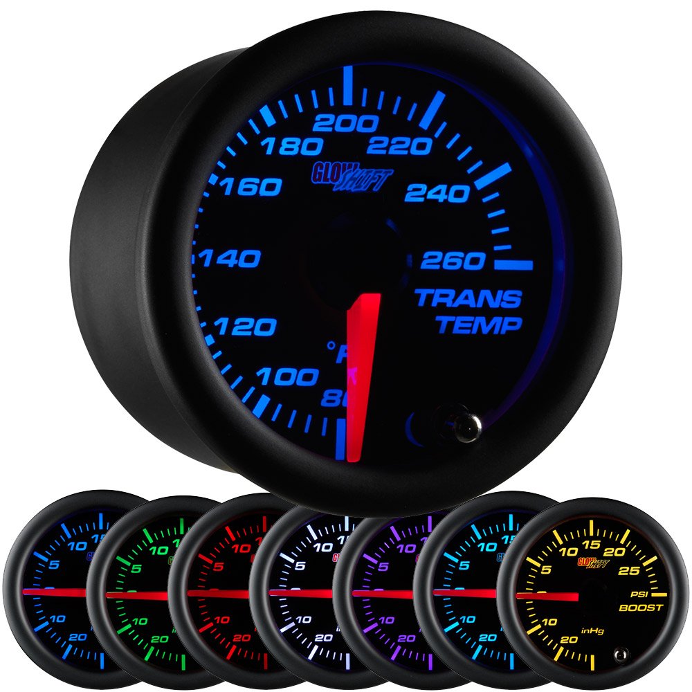 GlowShift Black 7 Color 260 F Transmission Temperature Gauge Kit - Includes Electronic Sensor - Black Dial - Clear Lens - for Car & Truck - 2-1/16