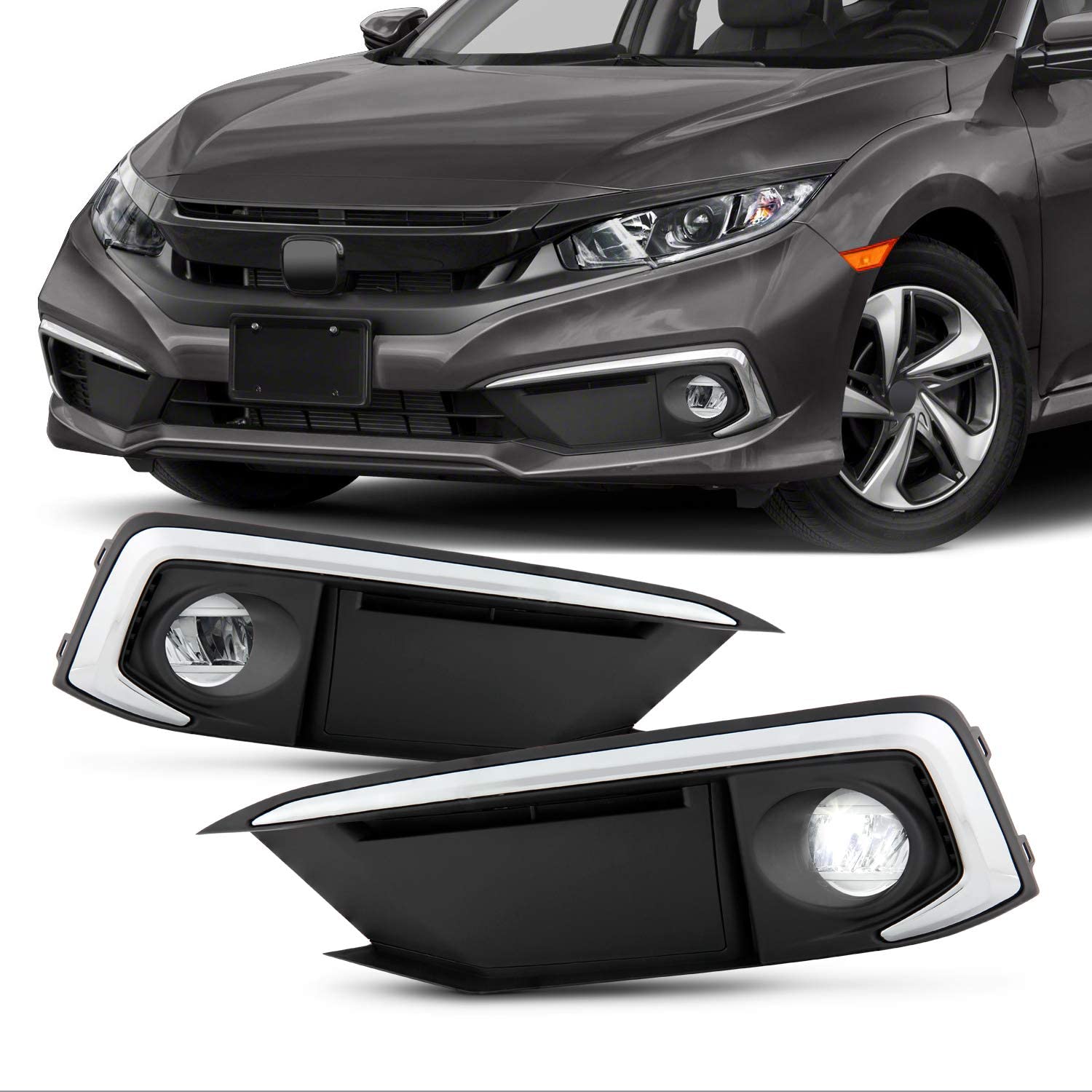 Fits 2019-2020 Honda Civic Coupe | Sedan LED Bumper Fog Lights Driving Lamp Pair Left+Right w/Switch Wiring Harness