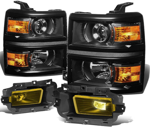 For Chevy Silverado 1500 Black Housing Amber Corner Projector Headlight + Amber Lens LED Fog Light + Switch