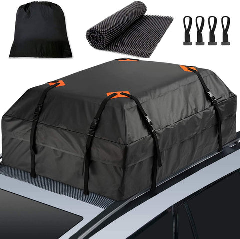 Eleven Guns Car Roof Luggage Bag, 15 Cubic Feet Waterproof Rooftop Cargo Carrier with Anti-Slip Mat, 8 Reinforced Straps, 4 Door Hooks Suitable, Car Top Bag for All Vehicle with/Without Rack