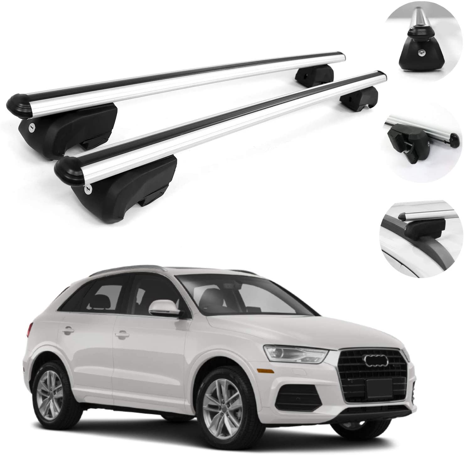 OMAC Automotive Exterior Accessories Roof Rack Crossbars | Aluminum Silver Roof Top Cargo Racks | Luggage Ski Kayak Bike Carriers Set 2 Pcs | Fits Audi Q3 2015-2018