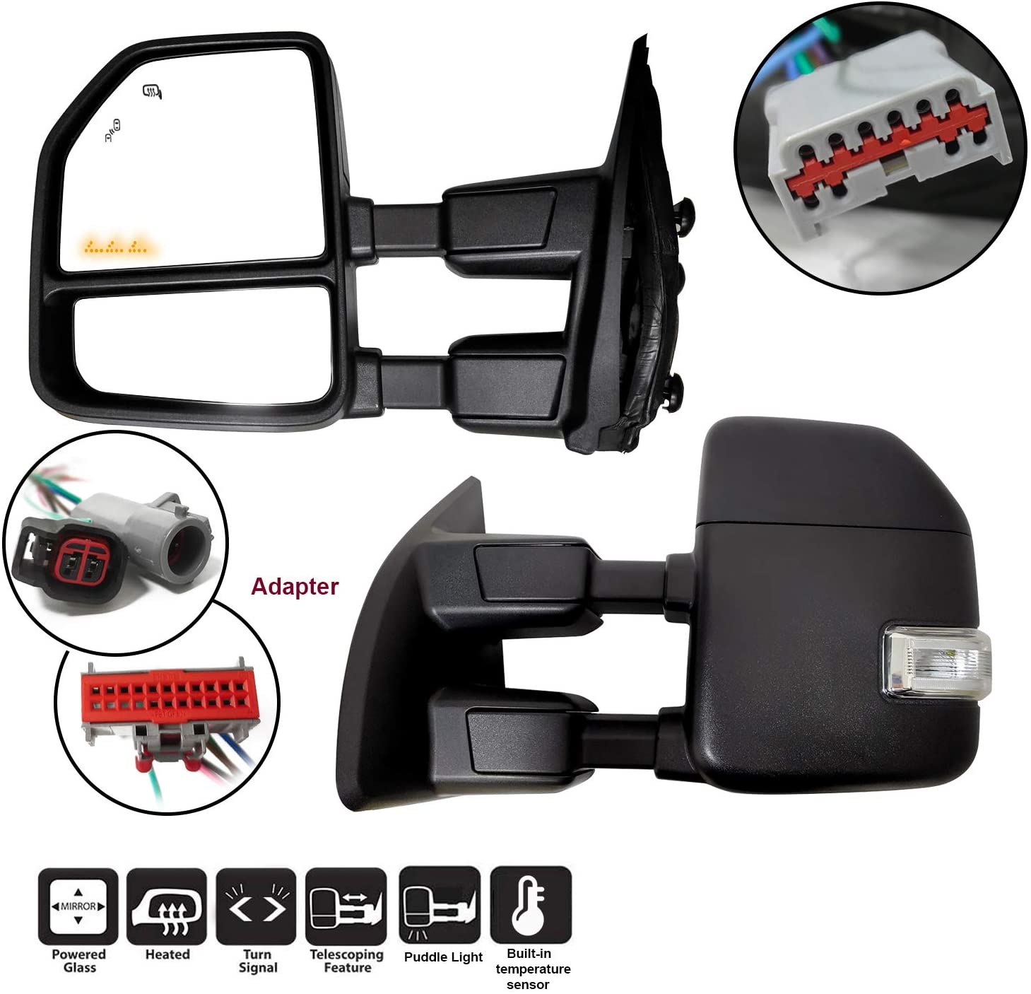 AERDM New Towing Mirror Black Housing with Temperature sensor Fit 1999-2016 Ford Super Duty F-250 F-350 F-450 F-550 with Turn Signal and Auxiliary Lamp