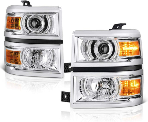 VIPMOTOZ Chrome Housing Projector OE-Style Headlight Headlamp Assembly For 2014-2015 Chevy Silverado 1500 Pickup Truck, Driver & Passenger Side