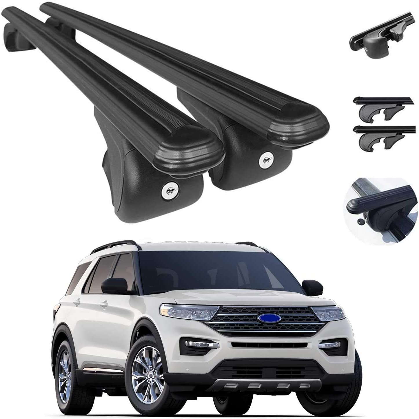 OMAC Black Aluminum Roof Top Bar Cross Bars Cargo Rack - Luggage, Ski, Kayak Carrier | 165 LBS / 75 KG Load Capacity - Set 2 Pcs | Fits Ford Explorer 2020-2021