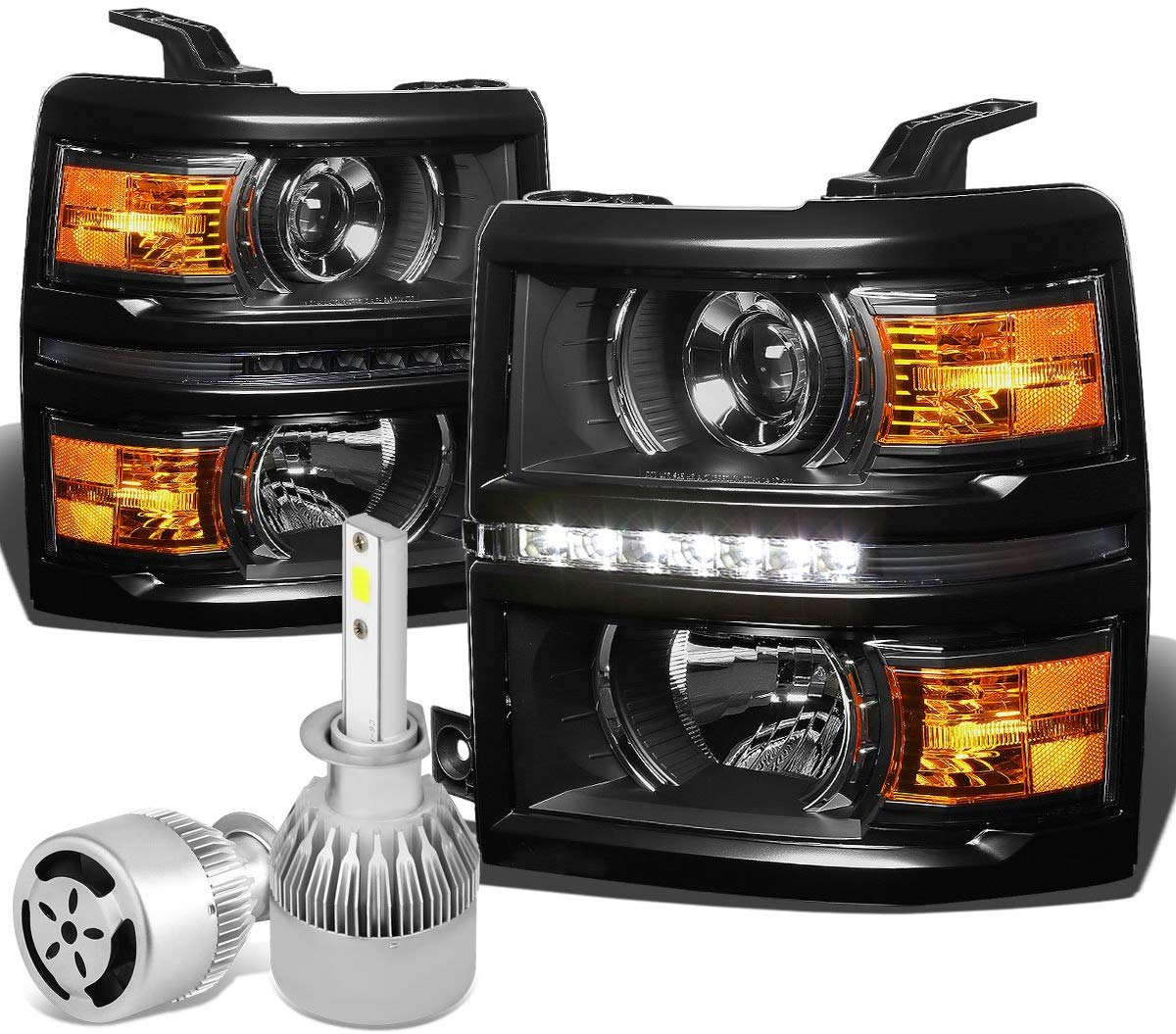 For Chevy Silverado GMT K2XX Black Housing Projector LED Headlight W/Amber Signal + H1 LED Conversion Kit W/Fan