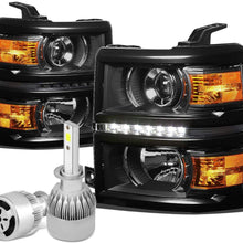 For Chevy Silverado GMT K2XX Black Housing Projector LED Headlight W/Amber Signal + H1 LED Conversion Kit W/Fan