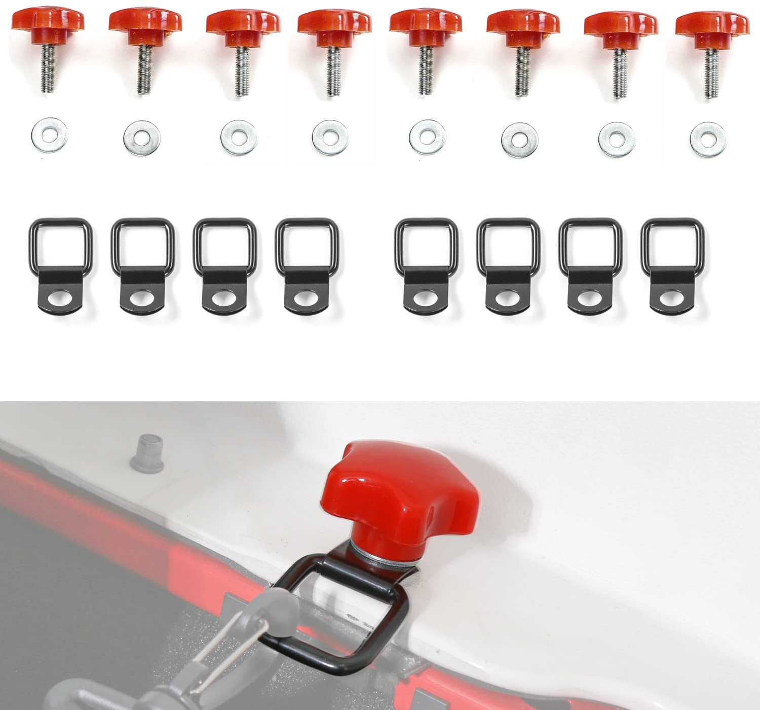 Jecar 8 Hardtop Quick Removal Bolts Thumb Screws & 8 D Ring Tie Down Anchors for Jeep Wrangler YJ JK JKU Sports Sahara Freedom Rubicon X Unlimited X 2 4 door 1995-2019 accessories, Red