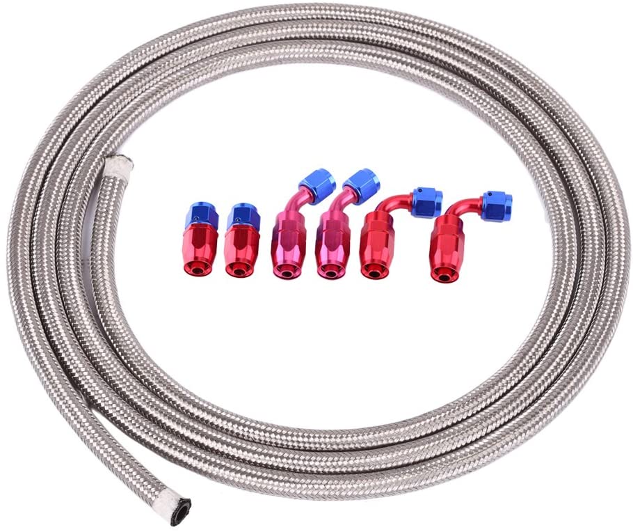 Qiilu AN6 Stainless Steel Braided Fuel Oil Line with 6pcs Swivel Fitting Hose End Adaptor 3.65m/12Ft