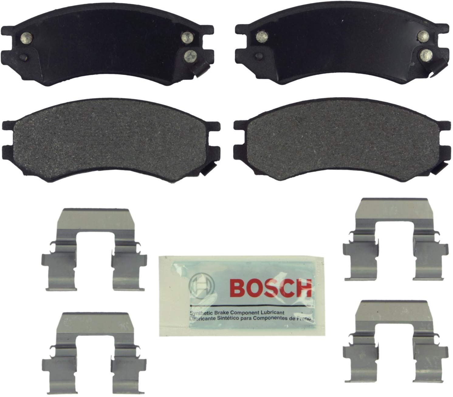 Bosch BE728H Blue Disc Brake Pad Set with Hardware for Select 1997-02 Saturn SC1, SC2, SL, SL1, SL2, SW1, and SW2 Vehicles - FRONT