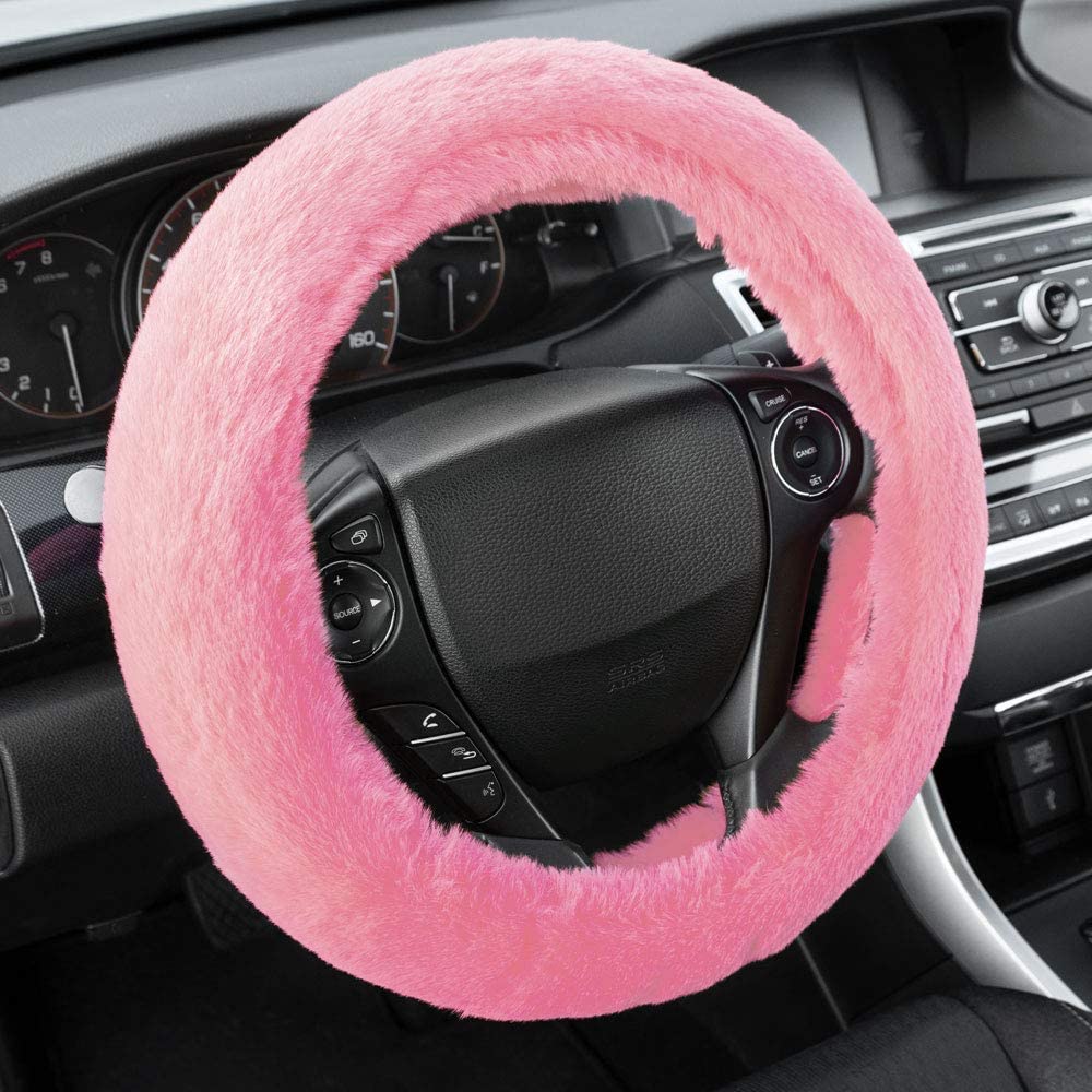 BDK Faux Fur Steering Wheel Cover for Women – Wool Sheepskin Fleece Warm and Cozy Comfort for Hands in Winter, Universal Fit for Steering Wheel Sizes 14.5 15 15.5 (Pink)