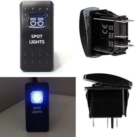 iJDMTOY (1) Spot Lights 5-Pin SPST ON/OFF Blue LED Indicator Rocker Switch For Car Truck 4x4 Jeep Boat For LED Work Lights, Driving Fog Lights, Daytime Running Lamps, etc