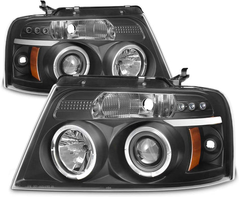 For Ford F150 F-150 Pickup Black Bezel Dual Halo LED G2 Projector Headlights Front Lamps Replacement