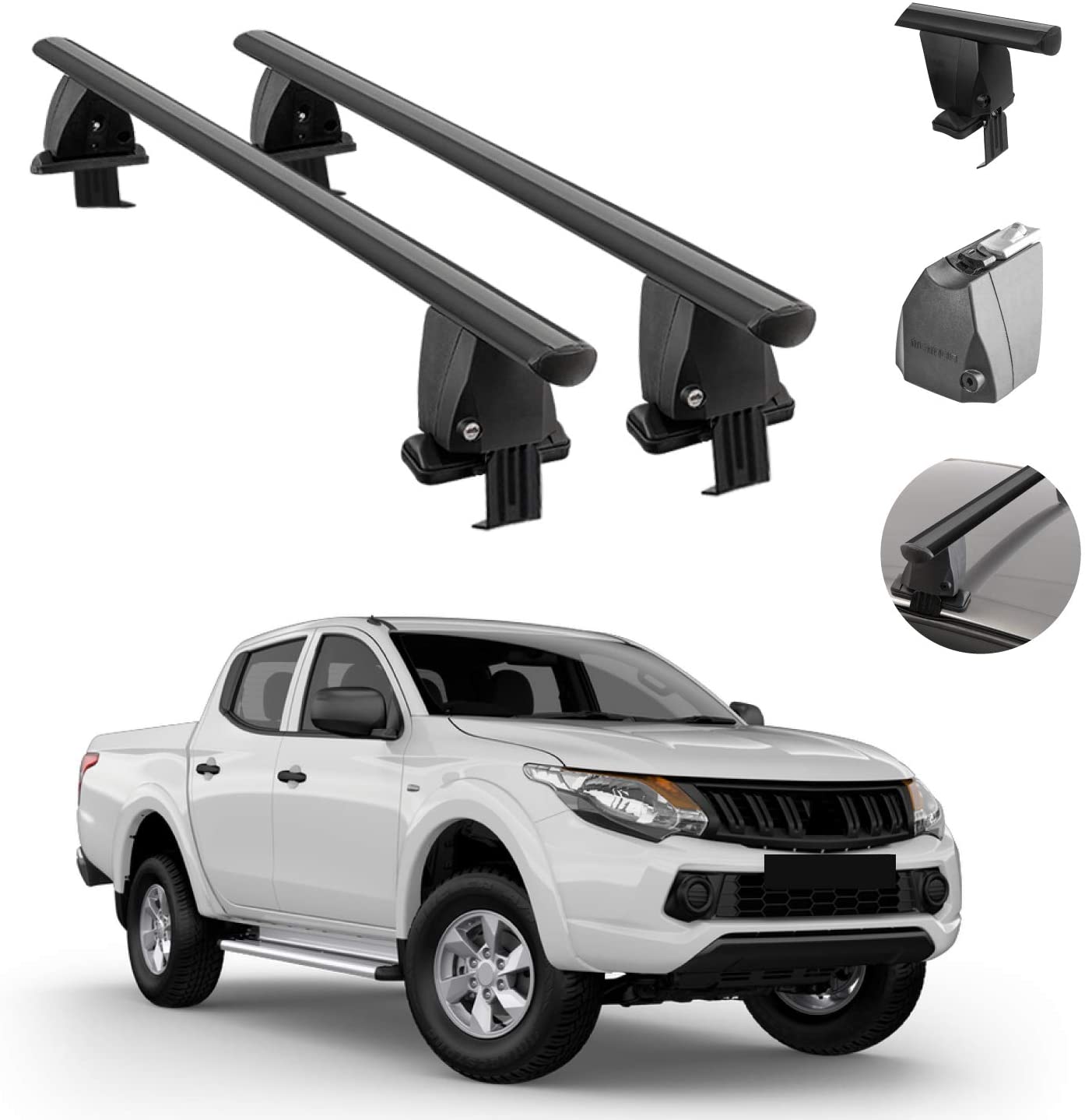 Roof Rack Cross Bars Lockable Luggage Carrier Smooth Roof Cars | Fits Mitsubishi L200 Triton 2015-2021 Black Aluminum Cargo Carrier Rooftop Bars | Automotive Exterior Accessories